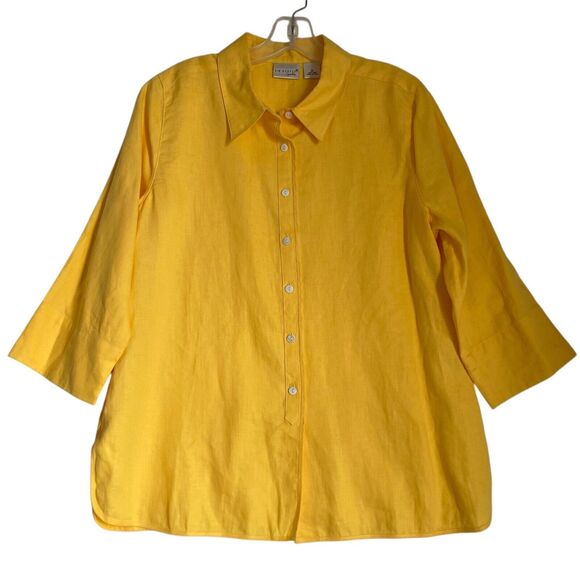 Kim Rogers Linen Shirt Top M Yellow Button Up 3/4 Sleeve Artsy Breathable Travel - Picture 1 of 7